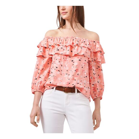 RILEY&RAE Tops - RILEY&RAE Womens Coral Stretch 3/4 Balloon Sleeves Tiered Off Shoulder Top S